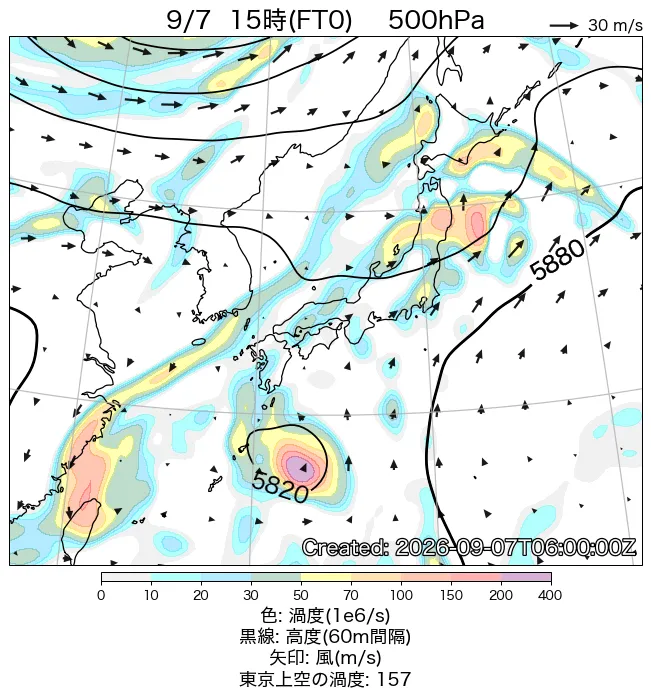 2026年9月7日の日本周辺の500hPa天気図（15時）