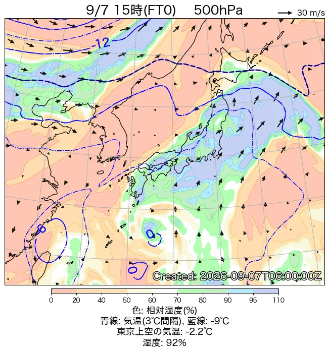 2026年9月7日の日本周辺の500hPa天気図（15時）