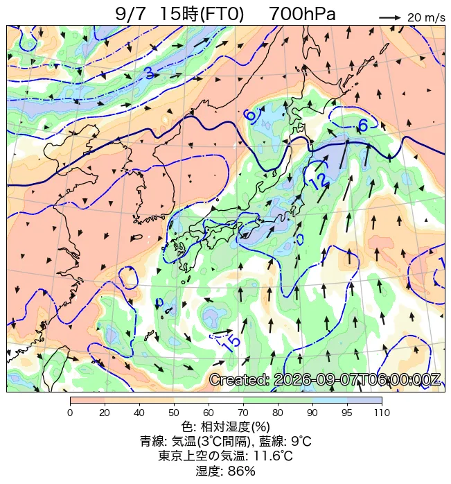 2026年9月7日の日本周辺の700hPa天気図（15時）