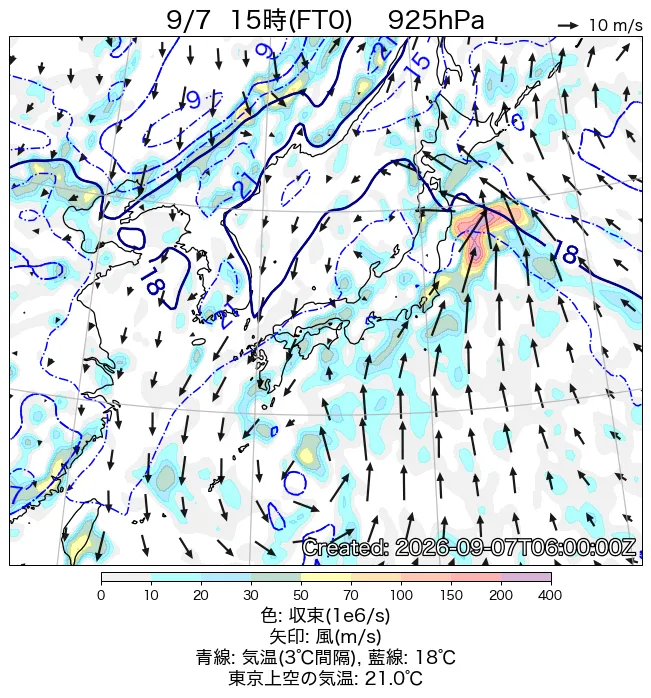 2026年9月7日の日本周辺の925hPa天気図（15時）