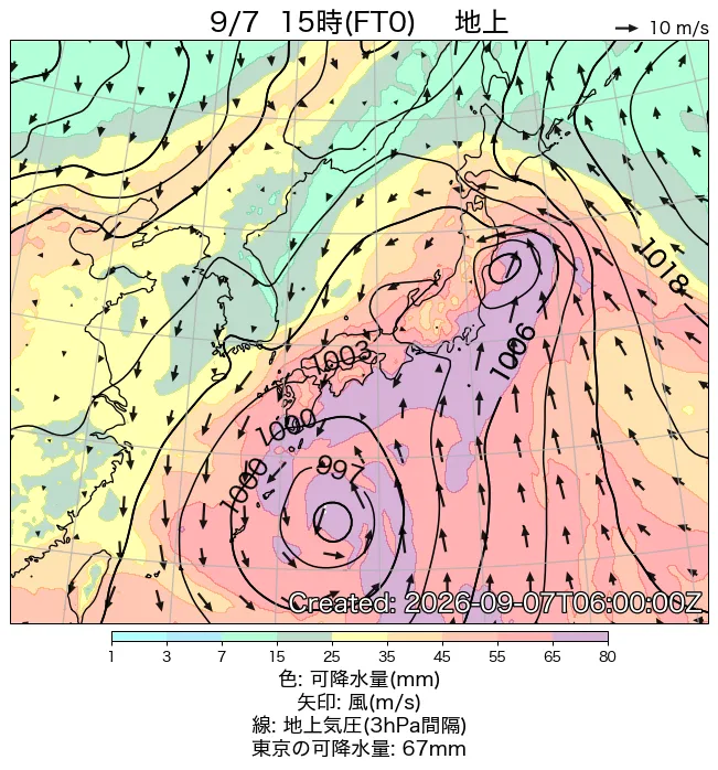 2026年9月7日の日本周辺の地上天気図（15時）