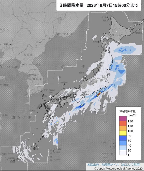2026年9月7日12〜15時の日本周辺の3時間解析降水量