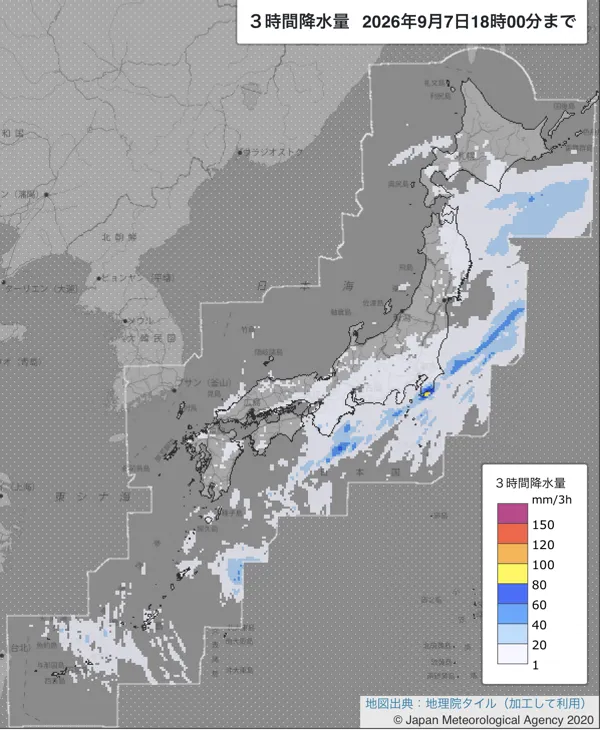 2026年9月7日15〜18時の日本周辺の3時間解析降水量