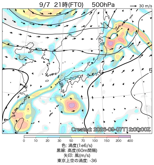 2026年9月7日の日本周辺の500hPa天気図（21時）
