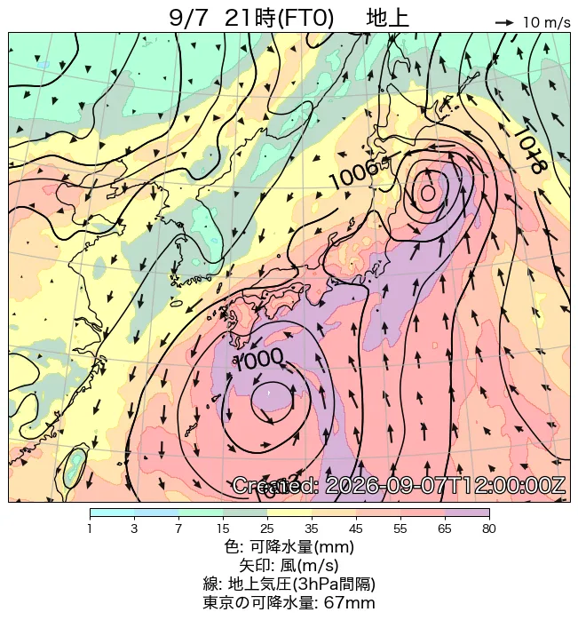 2026年9月7日の日本周辺の地上天気図（21時）