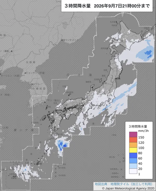 2026年9月7日18〜21時の日本周辺の3時間解析降水量