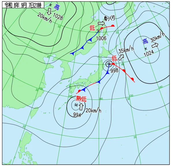 2026年9月7日21時の速報天気図