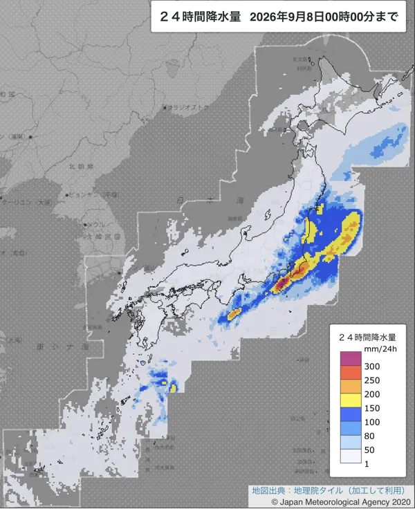 2026年9月7日の日本周辺の日解析雨量の図