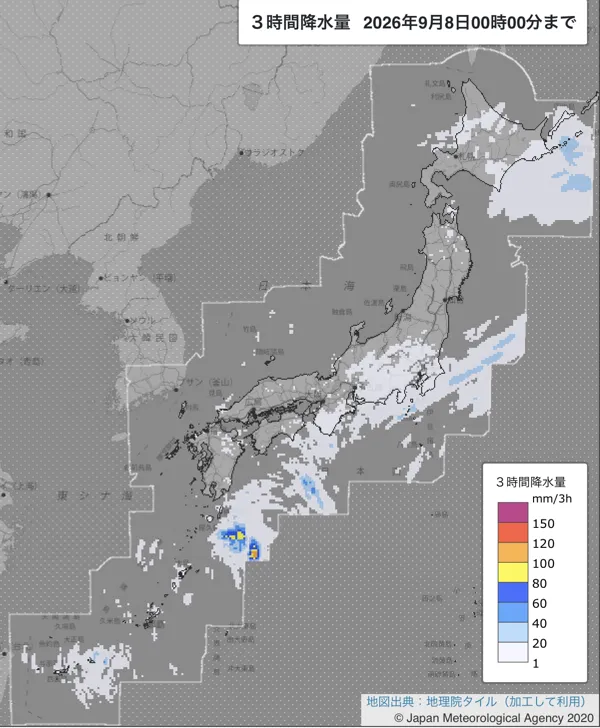 2026年9月7日21〜24時の日本周辺の3時間解析降水量