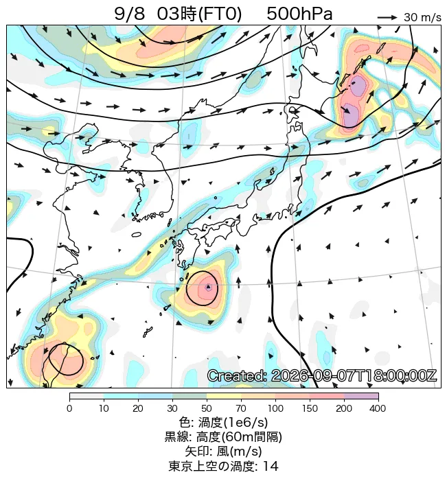 2026年9月8日の日本周辺の500hPa天気図（3時）
