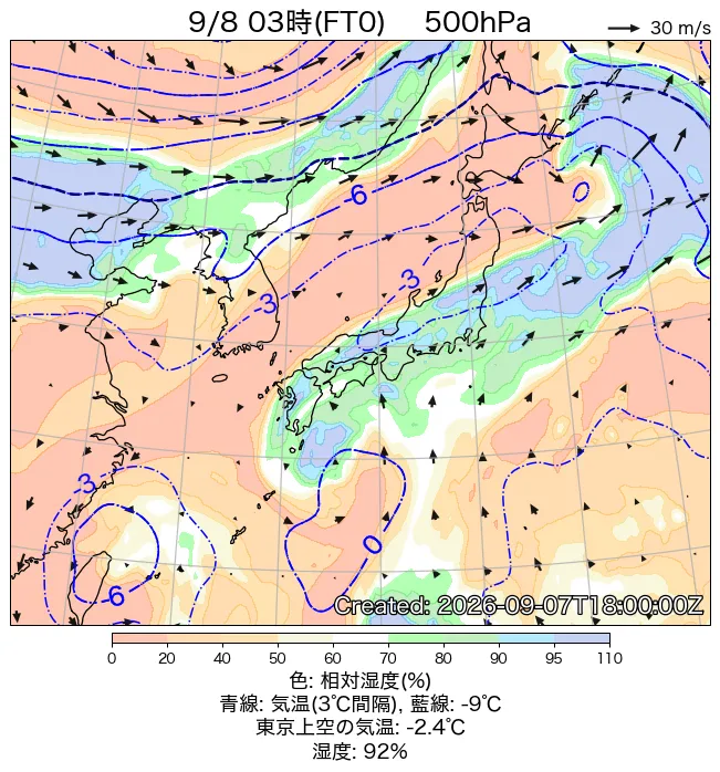 2026年9月8日の日本周辺の500hPa天気図（3時）