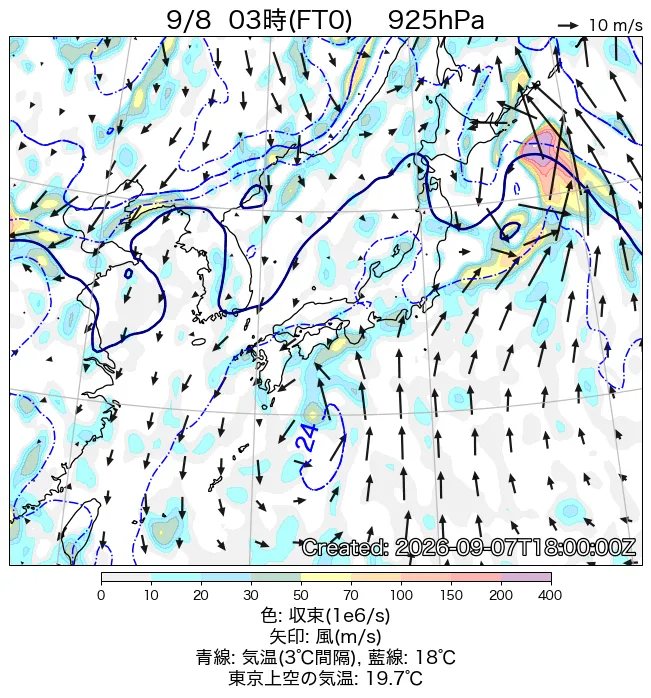 2026年9月8日の日本周辺の925hPa天気図（3時）