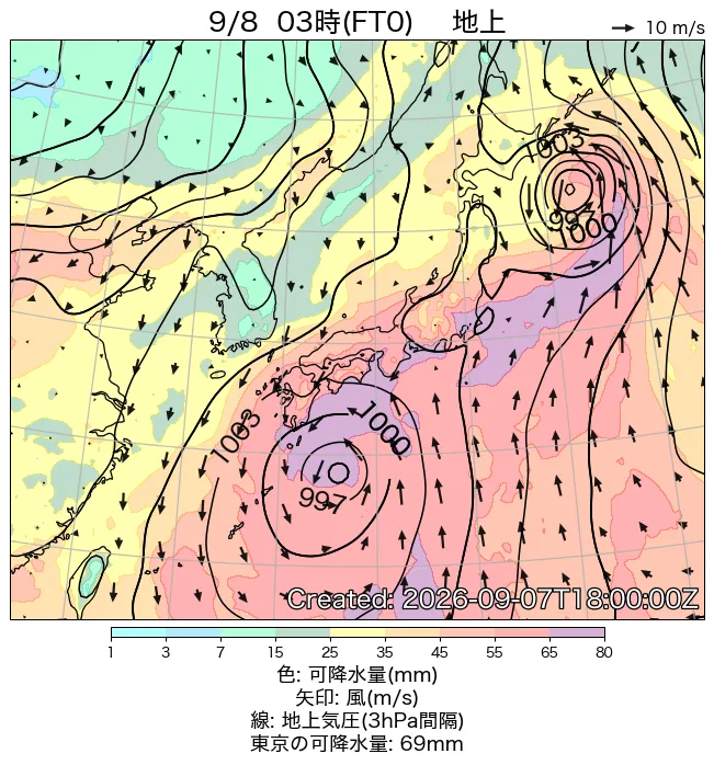 2026年9月8日の日本周辺の地上天気図（3時）