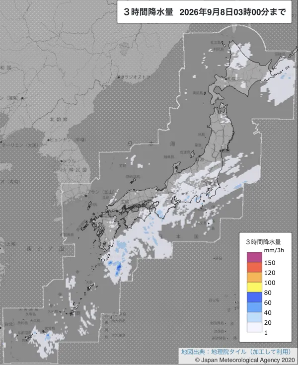 2026年9月8日0〜3時の日本周辺の3時間解析降水量