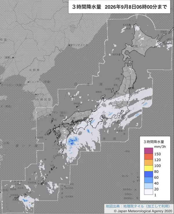 2026年9月8日3〜6時の日本周辺の3時間解析降水量