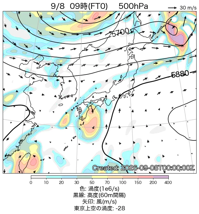 2026年9月8日の日本周辺の500hPa天気図（9時）