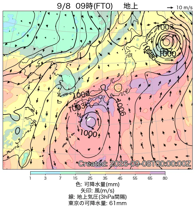 2026年9月8日の日本周辺の地上天気図（9時）