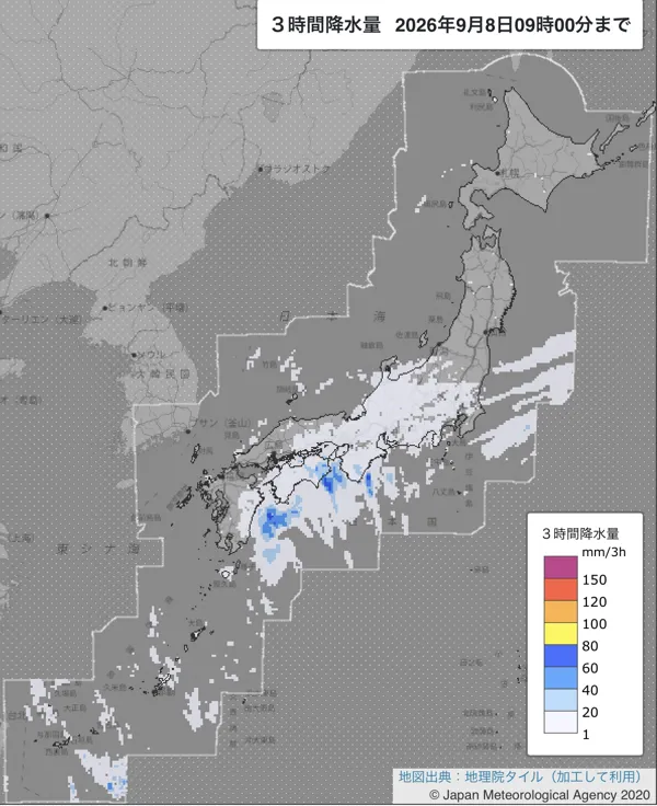 2026年9月8日6〜9時の日本周辺の3時間解析降水量