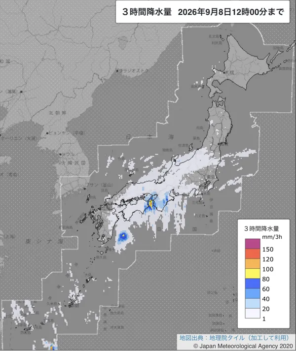 2026年9月8日9〜12時の日本周辺の3時間解析降水量