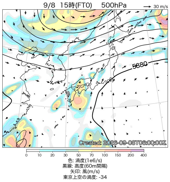 2026年9月8日の日本周辺の500hPa天気図（15時）