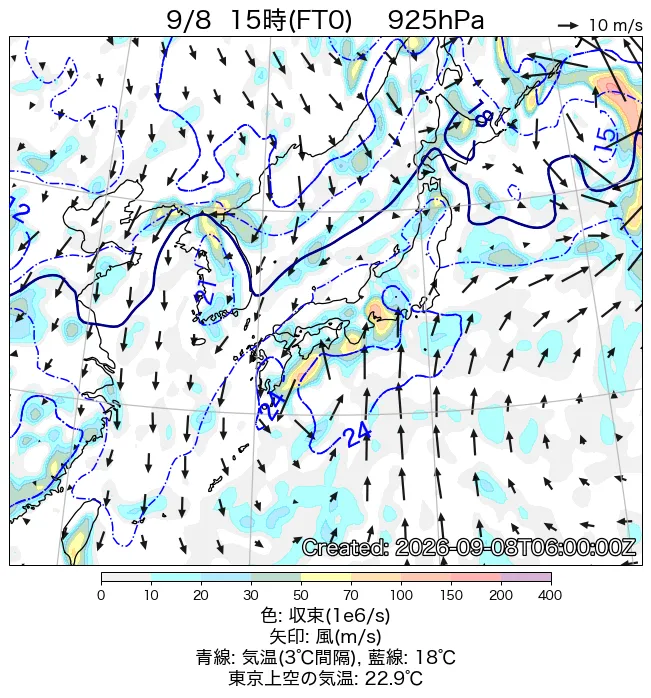 2026年9月8日の日本周辺の925hPa天気図（15時）