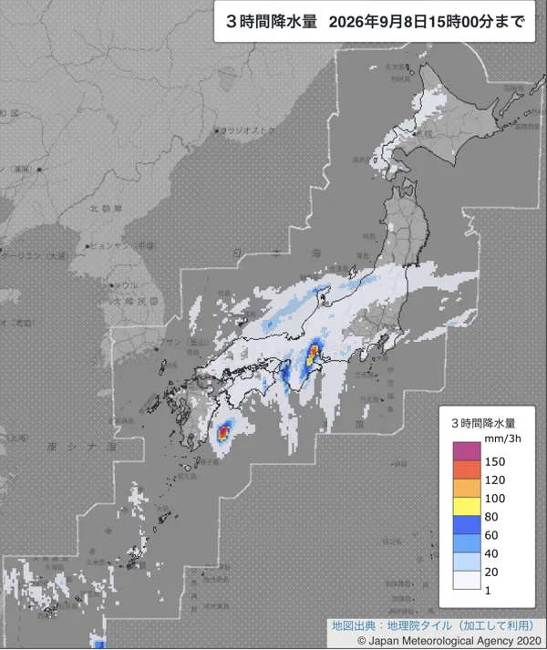 2026年9月8日12〜15時の日本周辺の3時間解析降水量