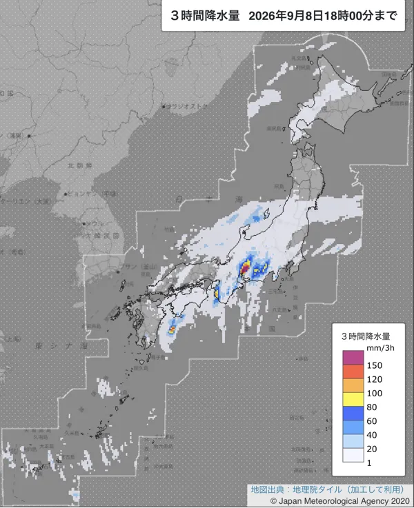 2026年9月8日15〜18時の日本周辺の3時間解析降水量
