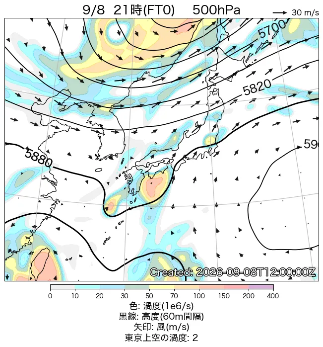 2026年9月8日の日本周辺の500hPa天気図（21時）