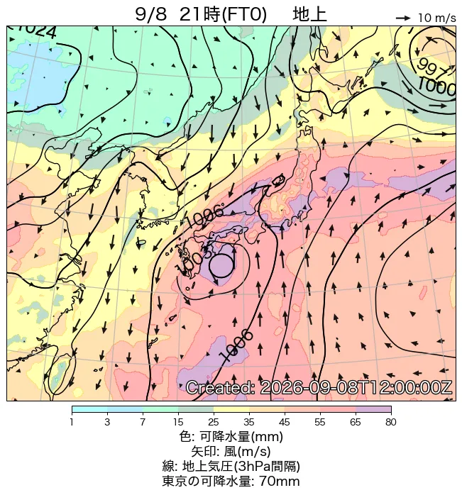 2026年9月8日の日本周辺の地上天気図（21時）