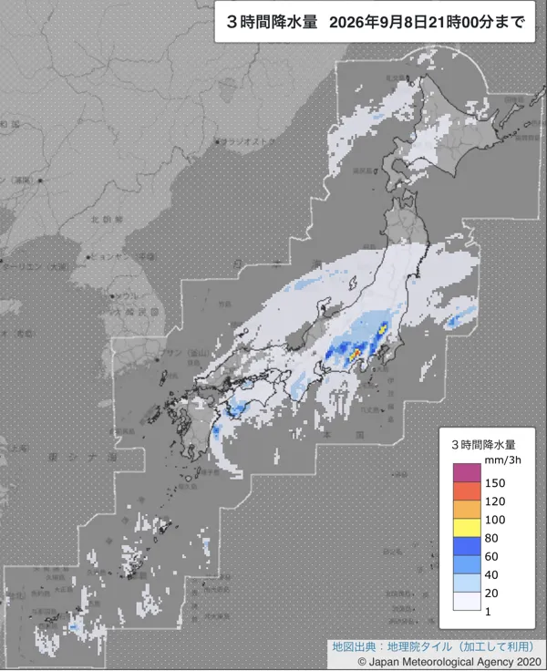 2026年9月8日18〜21時の日本周辺の3時間解析降水量