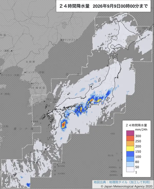 2026年9月8日の日本周辺の日解析雨量の図