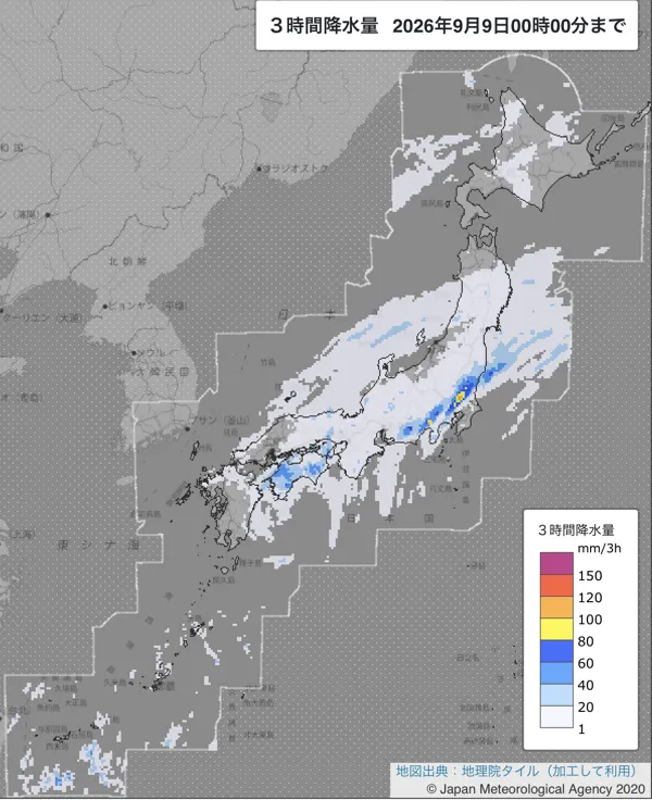 2026年9月8日21〜24時の日本周辺の3時間解析降水量