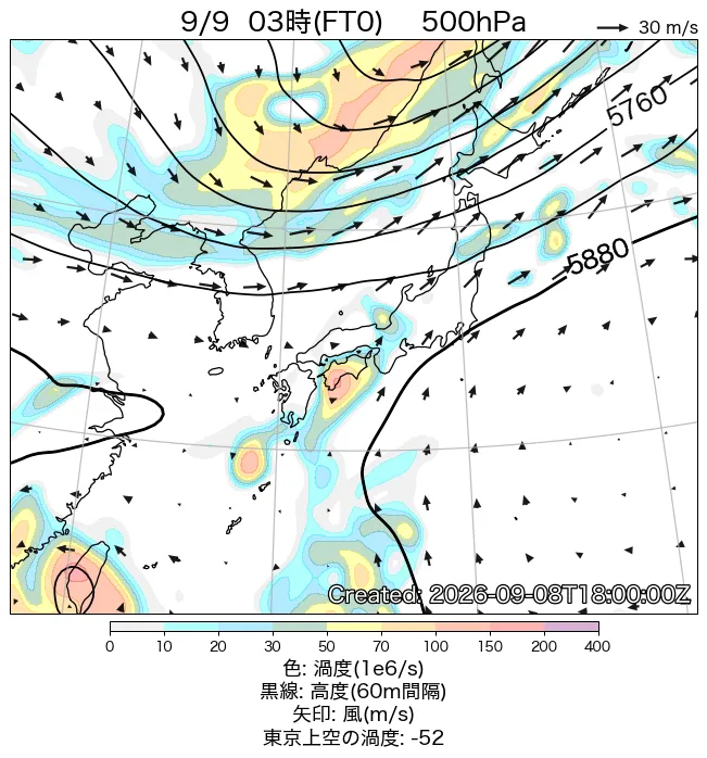 2026年9月9日の日本周辺の500hPa天気図（3時）