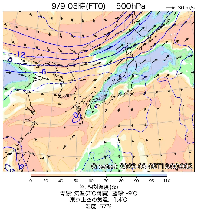 2026年9月9日の日本周辺の500hPa天気図（3時）