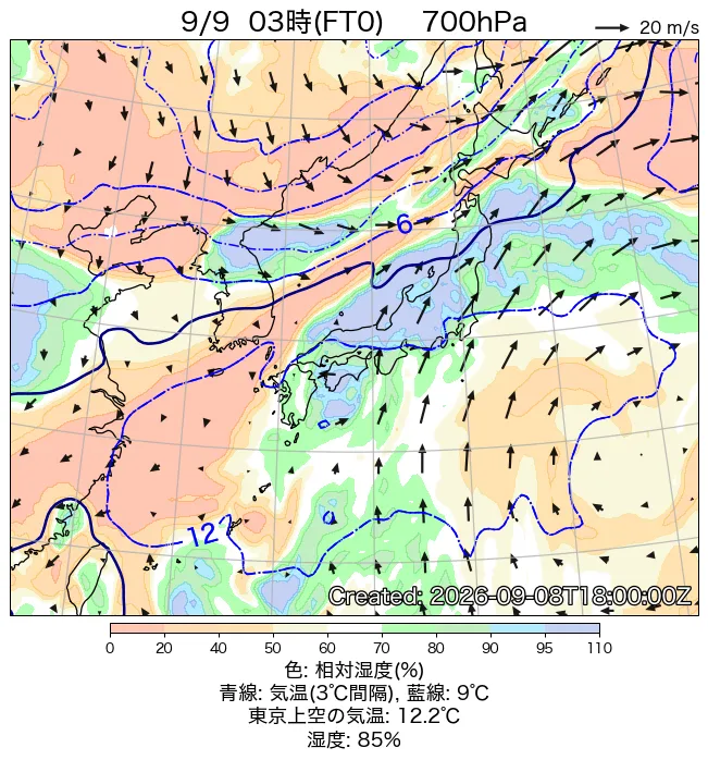 2026年9月9日の日本周辺の700hPa天気図（3時）