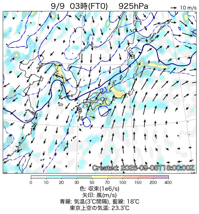 2026年9月9日の日本周辺の925hPa天気図（3時）