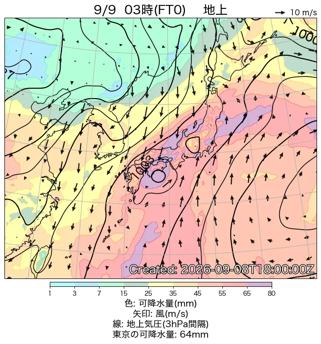 2026年9月9日の日本周辺の地上天気図（3時）