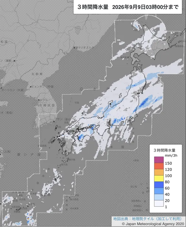 2026年9月9日0〜3時の日本周辺の3時間解析降水量