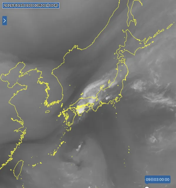 2026年9月9日3時の日本周辺の衛星水蒸気画像