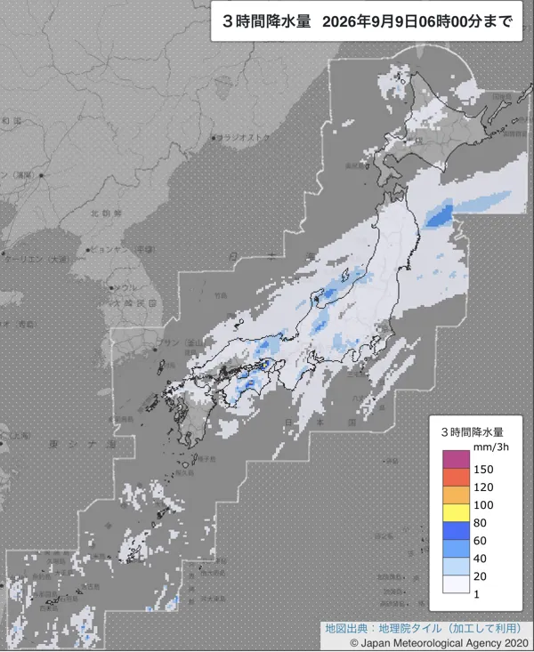 2026年9月9日3〜6時の日本周辺の3時間解析降水量