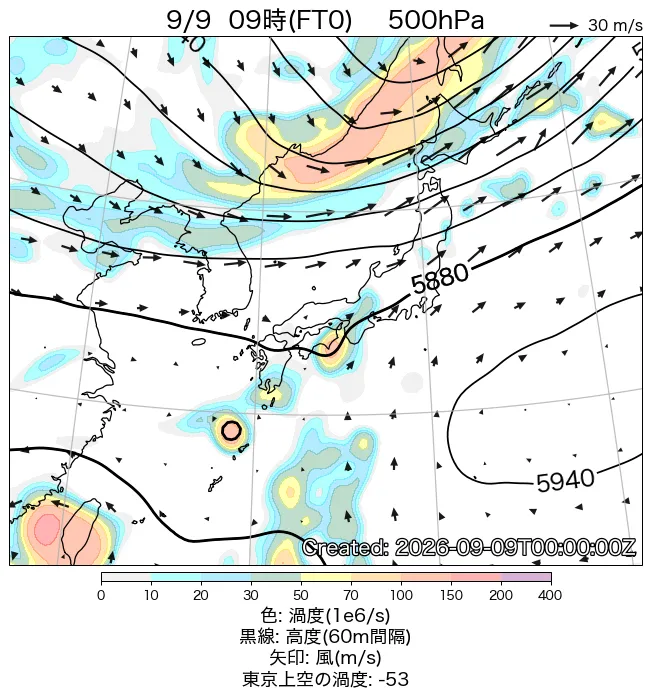 2026年9月9日の日本周辺の500hPa天気図（9時）
