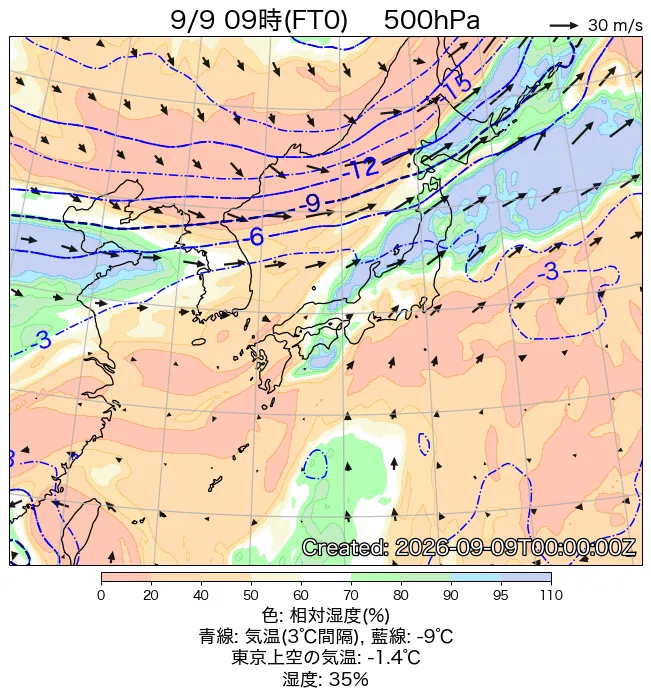 2026年9月9日の日本周辺の500hPa天気図（9時）
