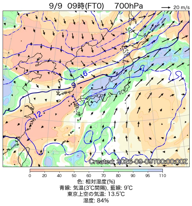 2026年9月9日の日本周辺の700hPa天気図（9時）