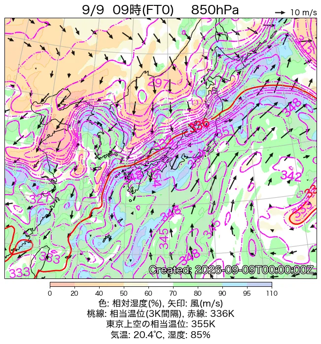 2026年9月9日の日本周辺の850hPa天気図（9時）