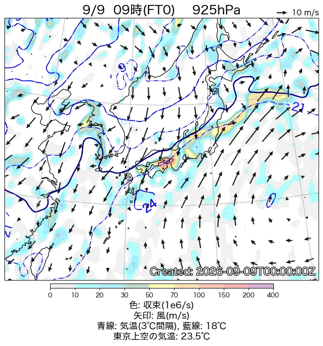 2026年9月9日の日本周辺の925hPa天気図（9時）