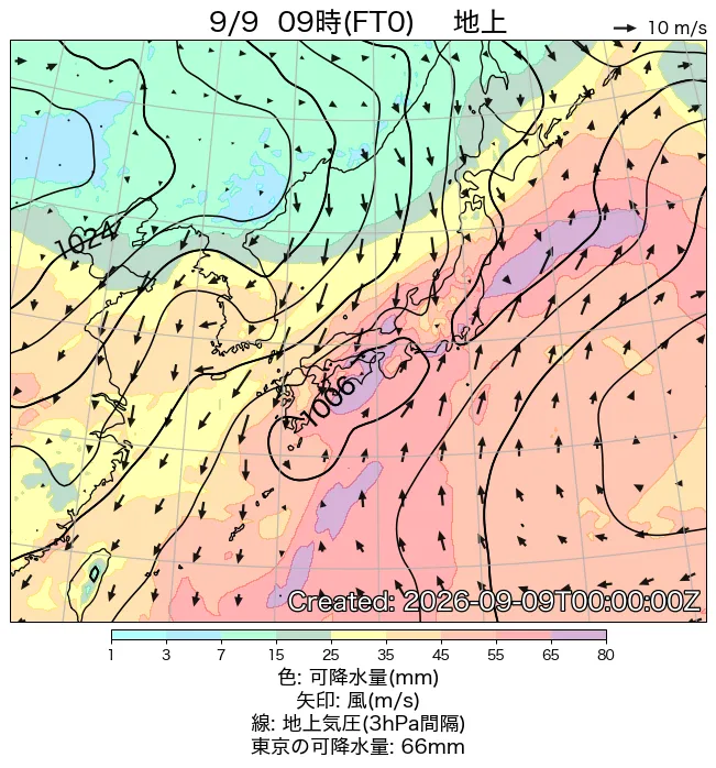 2026年9月9日の日本周辺の地上天気図（9時）