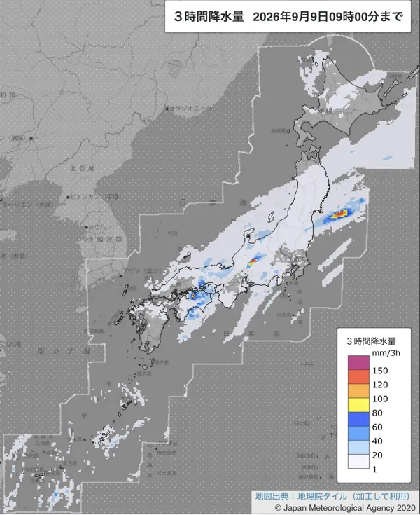 2026年9月9日6〜9時の日本周辺の3時間解析降水量