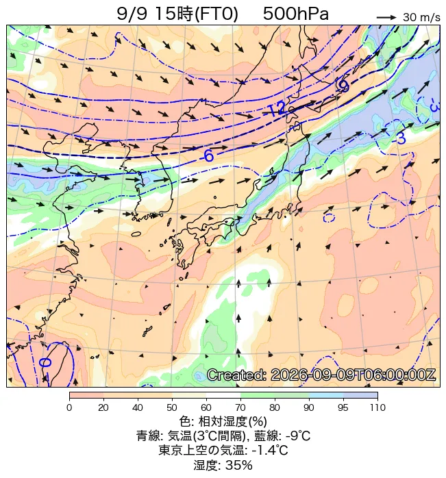 2026年9月9日の日本周辺の500hPa天気図（15時）