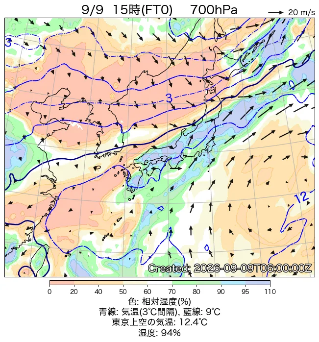 2026年9月9日の日本周辺の700hPa天気図（15時）