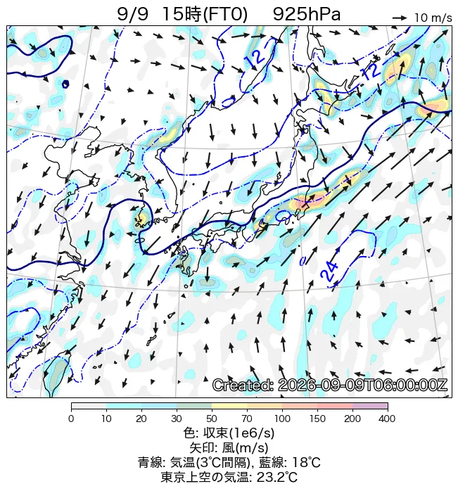 2026年9月9日の日本周辺の925hPa天気図（15時）